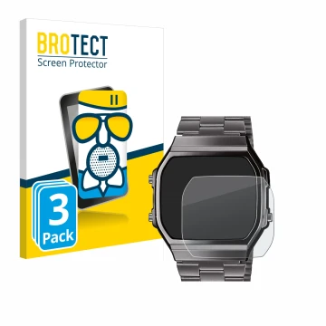 Vorderseite einer Produktverpackung mit dem Markenlogo BROTECT. Daneben ist das Gerät Casio A168WEGG-1BEF mit dem zugehörigen 