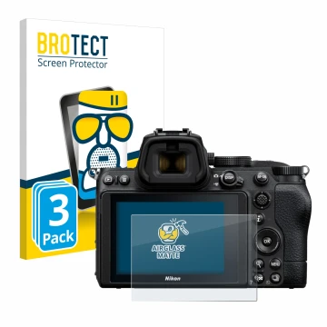 Vorderseite einer Produktverpackung mit dem Markenlogo BROTECT. Daneben ist das Gerät Nikon Z 5 mit dem zugehörigen Displaysch