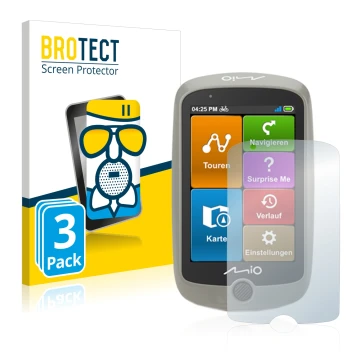Vorderseite einer Produktverpackung mit dem Markenlogo BROTECT. Daneben ist das Gerät Mitac Mio Cyclo Discover mit dem zugehör