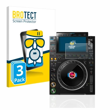 Vorderseite einer Produktverpackung mit dem Markenlogo BROTECT. Daneben ist das Gerät Pioneer CDJ 3000 mit dem zugehörigen Dis