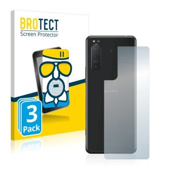 Vorderseite einer Produktverpackung mit dem Markenlogo BROTECT. Daneben ist das Gerät Sony Xperia 5 II (Rückseite) mit dem zug