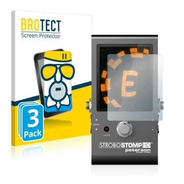 Vorderseite einer Produktverpackung mit dem Markenlogo BROTECT. Daneben ist das Gerät Peterson Strobostomp HD mit dem zugehöri