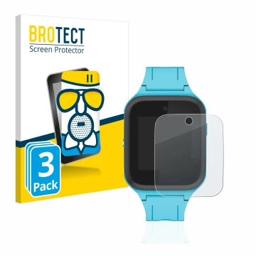 Vorderseite einer Produktverpackung mit dem Markenlogo BROTECT. Daneben ist das Gerät TCL Movetime FamilyWatch Kids MT40X mit 