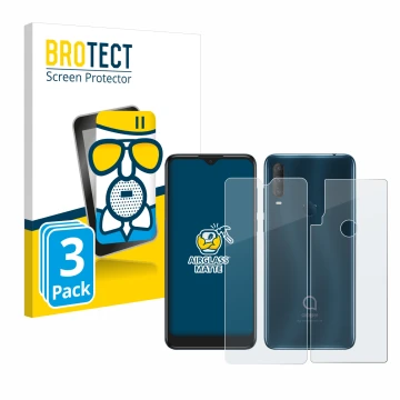 Vorderseite einer Produktverpackung mit dem Markenlogo BROTECT. Daneben ist das Gerät Alcatel 1S 2020 (Display+Rückseite) mit 