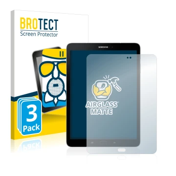 Vorderseite einer Produktverpackung mit dem Markenlogo BROTECT. Daneben ist das Gerät Samsung Galaxy Tab S3 mit dem zugehörige