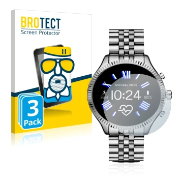 Vorderseite einer Produktverpackung mit dem Markenlogo BROTECT. Daneben ist das Gerät Michael Kors Access Gen 5 Lexington mit 