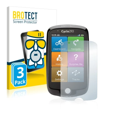 Vorderseite einer Produktverpackung mit dem Markenlogo BROTECT. Daneben ist das Gerät Mio Cyclo 210 mit dem zugehörigen Displa
