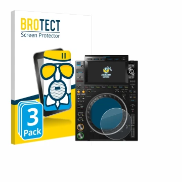 Vorderseite einer Produktverpackung mit dem Markenlogo BROTECT. Daneben ist das Gerät Pioneer CDJ 3000 (Kreis) mit dem zugehör