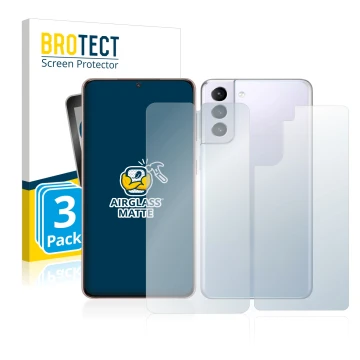 Vorderseite einer Produktverpackung mit dem Markenlogo BROTECT. Daneben ist das Gerät Samsung Galaxy S21 5G (Display+Rückseite