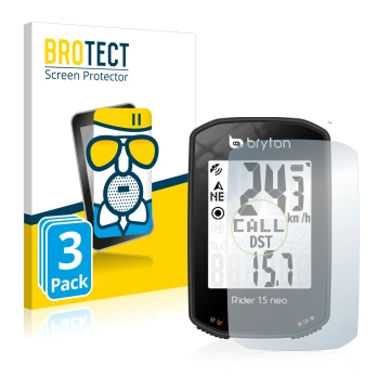 Vorderseite einer Produktverpackung mit dem Markenlogo BROTECT. Daneben ist das Gerät Bryton Rider 15 neo mit dem zugehörigen 