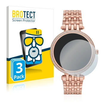Vorderseite einer Produktverpackung mit dem Markenlogo BROTECT. Daneben ist das Gerät Michael Kors Access Darci Gen 5E mit dem