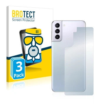 Vorderseite einer Produktverpackung mit dem Markenlogo BROTECT. Daneben ist das Gerät Samsung Galaxy S21 (Rückseite) mit dem z