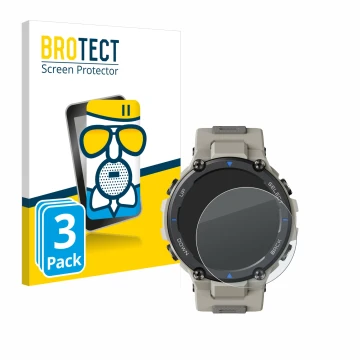 Vorderseite einer Produktverpackung mit dem Markenlogo BROTECT. Daneben ist das Gerät Huami Amazfit T-Rex Pro mit dem zugehöri