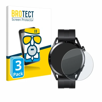 Vorderseite einer Produktverpackung mit dem Markenlogo BROTECT. Daneben ist das Gerät Huawei Watch GT 3 (46 mm) mit dem zugehö