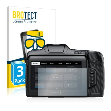 Vorderseite einer Produktverpackung mit dem Markenlogo BROTECT. Daneben ist das Gerät Blackmagic Pocket Cinema Camera 6K Pro m