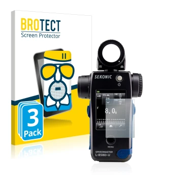 Vorderseite einer Produktverpackung mit dem Markenlogo BROTECT. Daneben ist das Gerät Sekonic L858D mit dem zugehörigen Displa