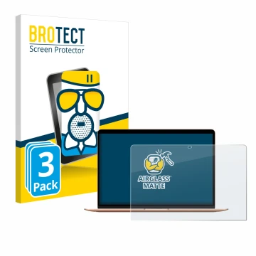 Vorderseite einer Produktverpackung mit dem Markenlogo BROTECT. Daneben ist das Gerät Apple MacBook Air M1 2020 mit dem zugehö