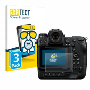 Vorderseite einer Produktverpackung mit dem Markenlogo BROTECT. Daneben ist das Gerät Nikon Z 9 mit dem zugehörigen Displaysch