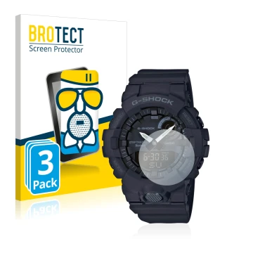 Vorderseite einer Produktverpackung mit dem Markenlogo BROTECT. Daneben ist das Gerät Casio G-Shock GBA800 mit dem zugehörigen