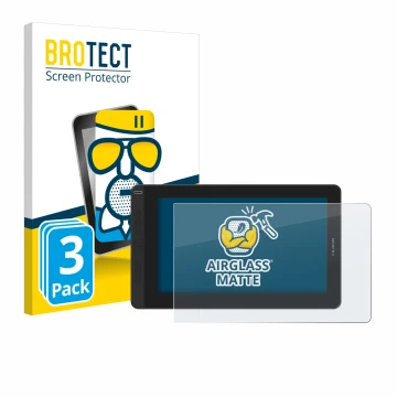 Vorderseite einer Produktverpackung mit dem Markenlogo BROTECT. Daneben ist das Gerät Huion Kamvas 13 mit dem zugehörigen Disp