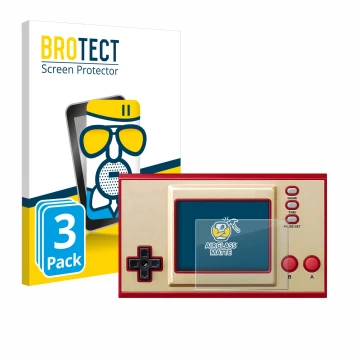 Vorderseite einer Produktverpackung mit dem Markenlogo BROTECT. Daneben ist das Gerät Nintendo Game & Watch Super Mario Bros m