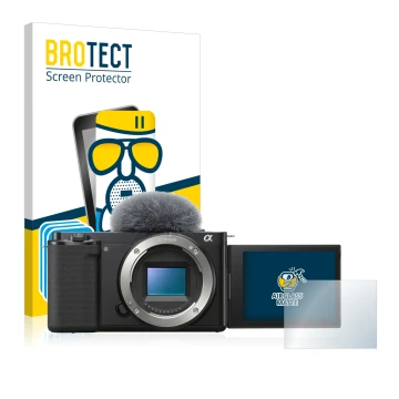 Vorderseite einer Produktverpackung mit dem Markenlogo BROTECT. Daneben ist das Gerät Sony Alpha ZV-E10 mit dem zugehörigen Di