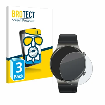 Vorderseite einer Produktverpackung mit dem Markenlogo BROTECT. Daneben ist das Gerät Huawei Watch GT 2 Pro ECG mit dem zugehö