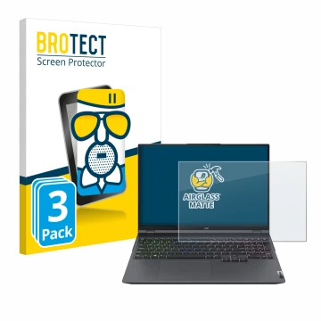 Vorderseite einer Produktverpackung mit dem Markenlogo BROTECT. Daneben ist das Gerät Lenovo Legion 5 Pro mit dem zugehörigen 