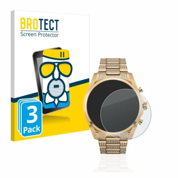 Vorderseite einer Produktverpackung mit dem Markenlogo BROTECT. Daneben ist das Gerät Michael Kors Access Gen 6 Bradshaw mit d