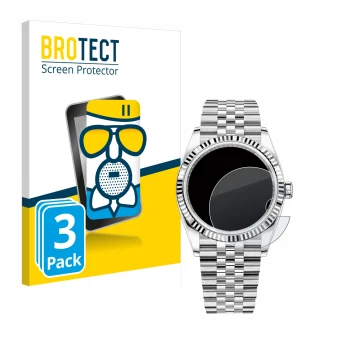 Vorderseite einer Produktverpackung mit dem Markenlogo BROTECT. Daneben ist das Gerät Rolex Datejust 36 mit dem zugehörigen Di