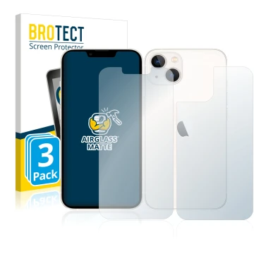Vorderseite einer Produktverpackung mit dem Markenlogo BROTECT. Daneben ist das Gerät Apple iPhone 13 (Display+Rückseite) mit 