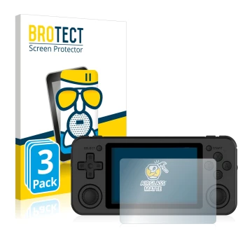 Vorderseite einer Produktverpackung mit dem Markenlogo BROTECT. Daneben ist das Gerät Anbernic RG351P mit dem zugehörigen Disp