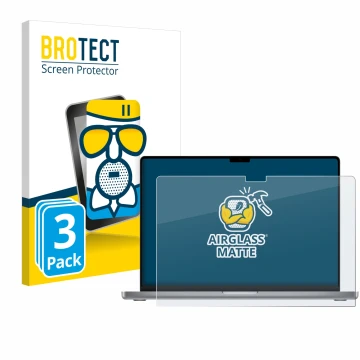 Vorderseite einer Produktverpackung mit dem Markenlogo BROTECT. Daneben ist das Gerät Apple MacBook Pro 16