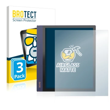 Vorderseite einer Produktverpackung mit dem Markenlogo BROTECT. Daneben ist das Gerät Boox Note Air 2 mit dem zugehörigen Disp