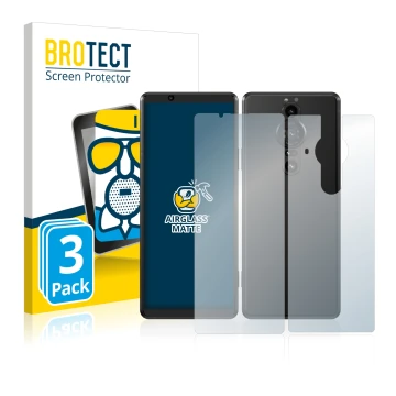 Vorderseite einer Produktverpackung mit dem Markenlogo BROTECT. Daneben ist das Gerät Sony Xperia Pro-I (Display+Rückseite) mi