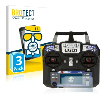 Vorderseite einer Produktverpackung mit dem Markenlogo BROTECT. Daneben ist das Gerät FlySky FS-i6 mit dem zugehörigen Display