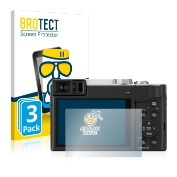 Vorderseite einer Produktverpackung mit dem Markenlogo BROTECT. Daneben ist das Gerät Panasonic Lumix DC-TZ95 mit dem zugehöri