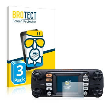 Vorderseite einer Produktverpackung mit dem Markenlogo BROTECT. Daneben ist das Gerät Yaesu FTM-300DE mit dem zugehörigen Disp