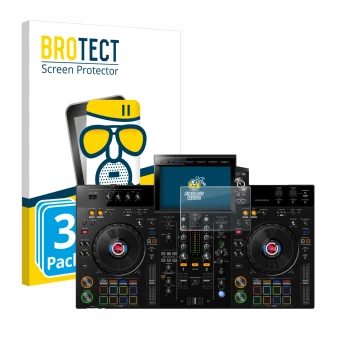 Vorderseite einer Produktverpackung mit dem Markenlogo BROTECT. Daneben ist das Gerät Pioneer XDJ-RX3 mit dem zugehörigen Disp