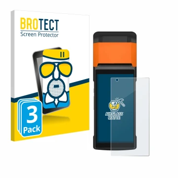 Vorderseite einer Produktverpackung mit dem Markenlogo BROTECT. Daneben ist das Gerät Sunmi V2s mit dem zugehörigen Displaysch
