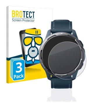 Vorderseite einer Produktverpackung mit dem Markenlogo BROTECT. Daneben ist das Gerät Xiaomi Watch S1 Active mit dem zugehörig