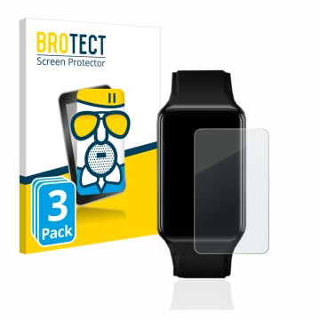 Vorderseite einer Produktverpackung mit dem Markenlogo BROTECT. Daneben ist das Gerät Oppo Watch Free mit dem zugehörigen Disp