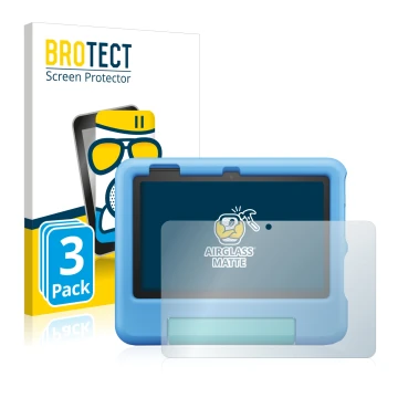 Vorderseite einer Produktverpackung mit dem Markenlogo BROTECT. Daneben ist das Gerät Amazon Fire 7 Kids 2022 mit dem zugehöri