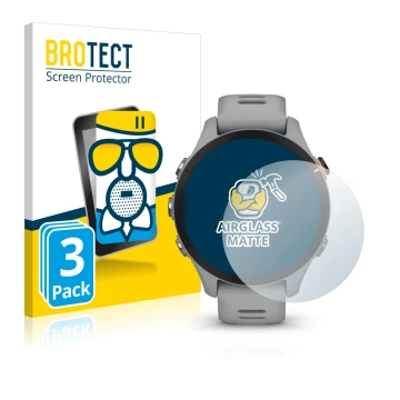 Vorderseite einer Produktverpackung mit dem Markenlogo BROTECT. Daneben ist das Gerät Garmin Forerunner 255S mit dem zugehörig