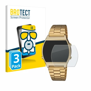 Vorderseite einer Produktverpackung mit dem Markenlogo BROTECT. Daneben ist das Gerät Casio Retro B640WB mit dem zugehörigen D
