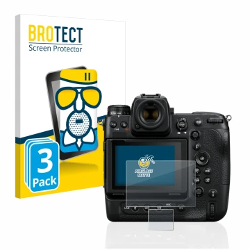 Vorderseite einer Produktverpackung mit dem Markenlogo BROTECT. Daneben ist das Gerät Nikon Z 9 (Display + Schulterdisplay) mi