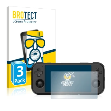 Vorderseite einer Produktverpackung mit dem Markenlogo BROTECT. Daneben ist das Gerät Retroid Pocket 3 mit dem zugehörigen Dis