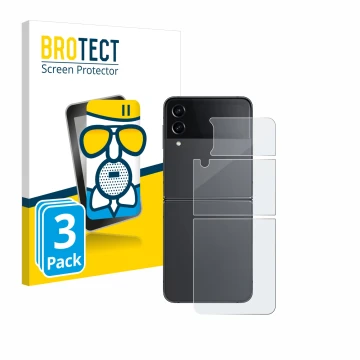 Vorderseite einer Produktverpackung mit dem Markenlogo BROTECT. Daneben ist das Gerät Samsung Galaxy Z Flip 4 (Rückseite) mit 