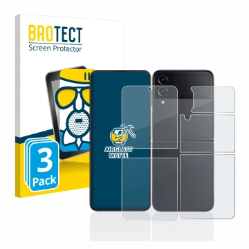 Vorderseite einer Produktverpackung mit dem Markenlogo BROTECT. Daneben ist das Gerät Samsung Galaxy Z Flip 4 (Display+Rücksei