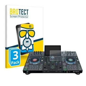 Vorderseite einer Produktverpackung mit dem Markenlogo BROTECT. Daneben ist das Gerät Denon DJ Prime 4 mit dem zugehörigen Dis